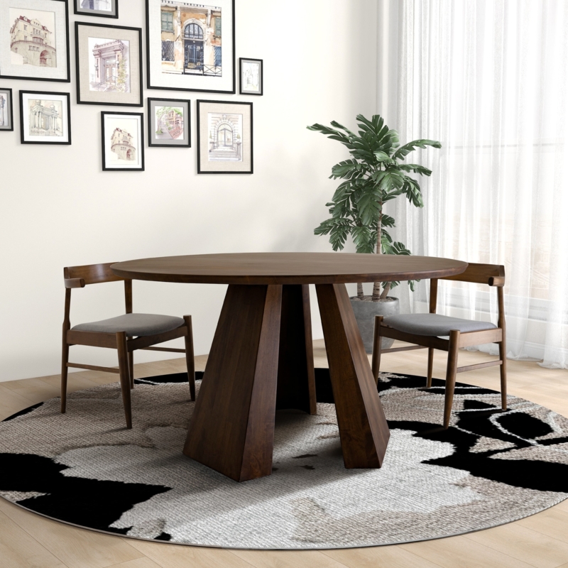 Walnut Round Dining Table featuring a Geometric Faceted Pedestal Base