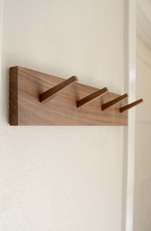 Walnut Wall Hook Rack Four Angled Pegs Concealed Hardware