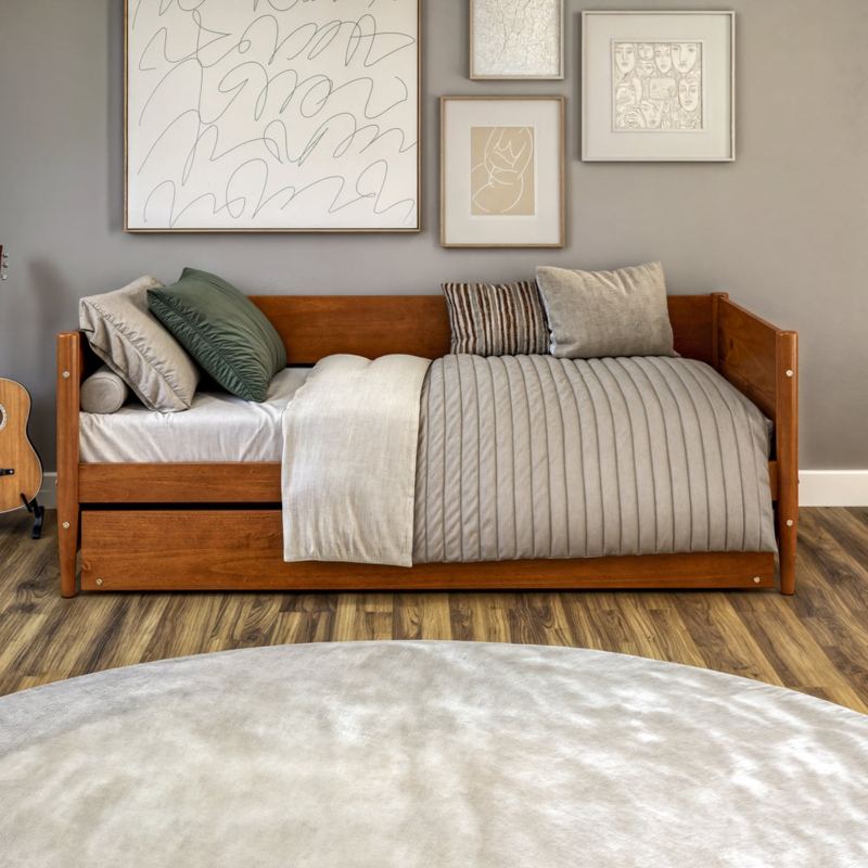 Walnut Wood Daybed with Tapered Legs and Three-Sided Frame