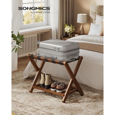 Walnut Wood Folding Suitcase Stand with Lower Shoe Storage Shelf