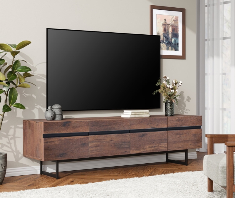 Walnut Wood Tv Console featuring Sled Base and Extra Wide Storage