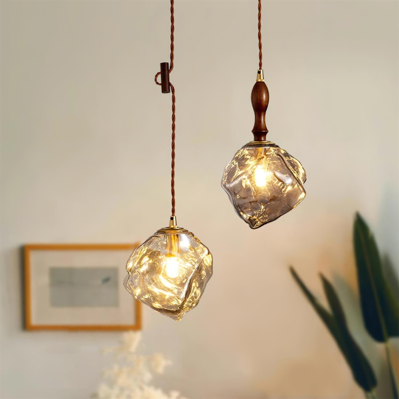 Warm Amber Pendant Light with Braided Cord and Turned Wood Socket