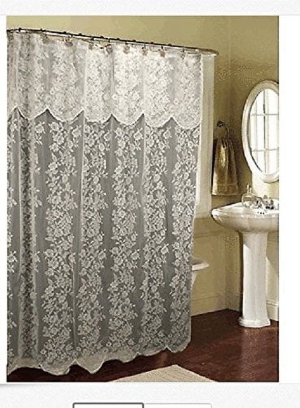Warm Beige Lace Shower Curtain with Attached Valance Romantic Cottage Decor