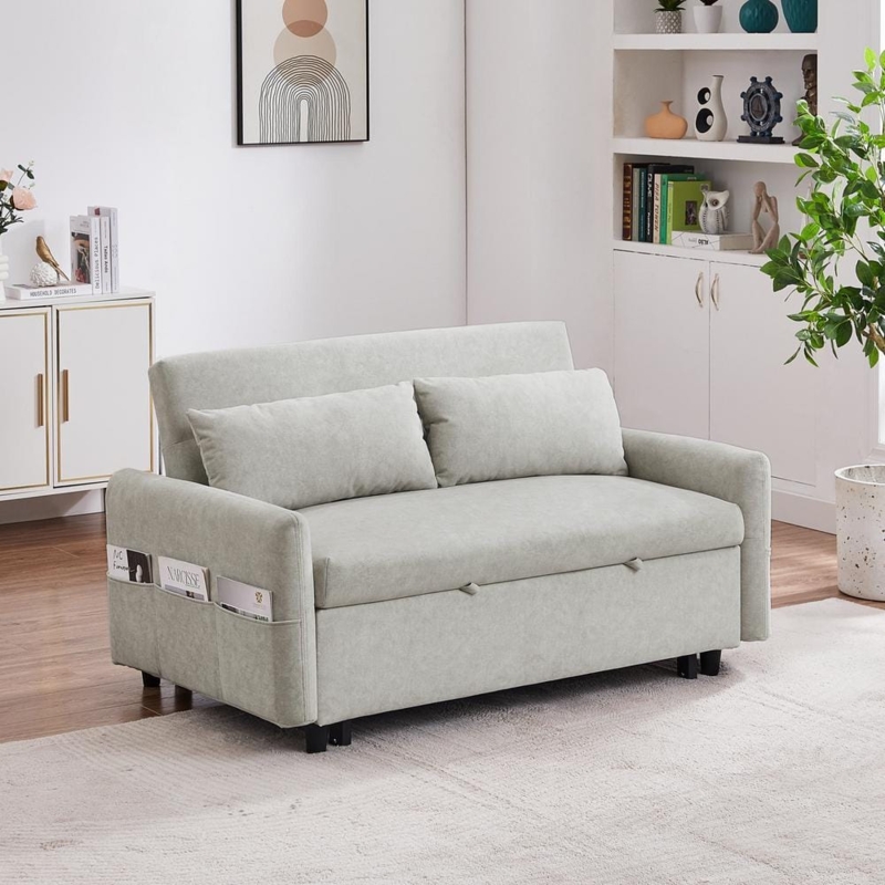 Warm Beige Microfiber Sleeper Sofa with Pull Out Bed and Side Pockets