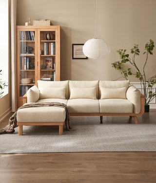 Warm Beige Sectional Sofa with Low Profile Wooden Frame