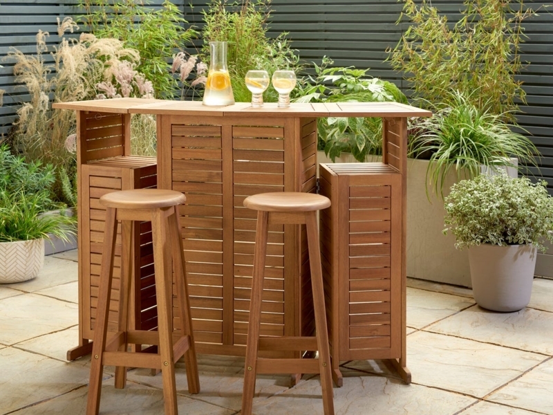 Warm Brown Garden Bar Set Slatted Front Folding Sides Space Saving