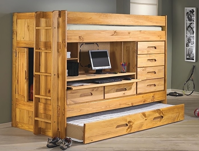 Warm Honey Oak Loft Bed with Six Storage Drawers