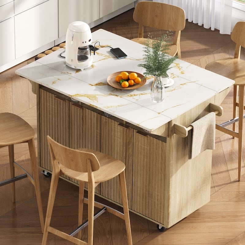 Warm Oak Fluted Kitchen Island with Drop Leaf Marble Top