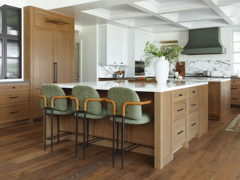Warm Oak Kitchen Island Integrated Drawers Sage Accents
