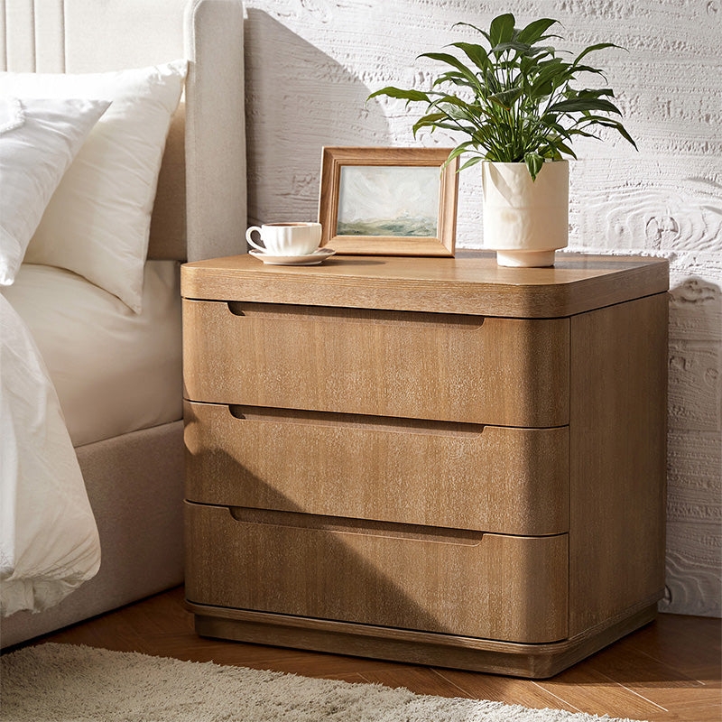 Warm Oak Nightstand: Integrated Handle Organic 3 Drawer Bedside Table