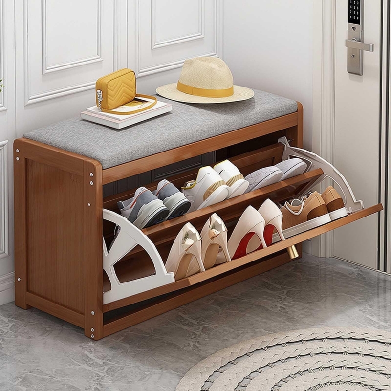 Warm Wood Shoe Storage Bench with Padded Seat and Tilt-Out Drawer