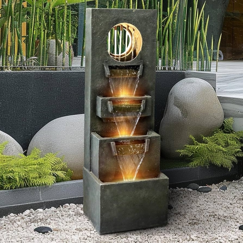 Waterfall Fountain with Circular Top Cutout and Warm LED Glow