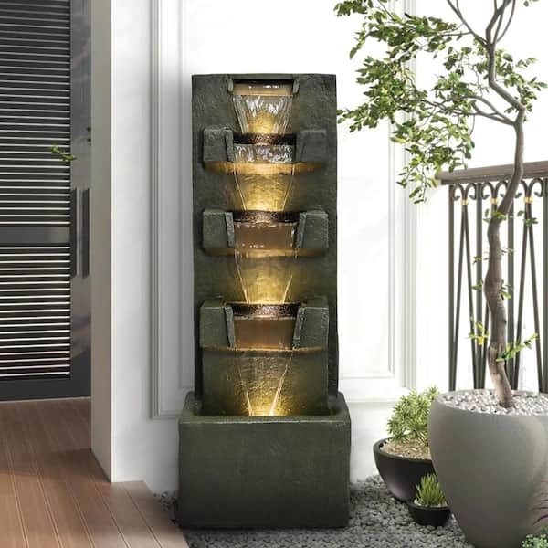 Waterfall Fountain with Five-Tier Cascade and Charcoal Concrete Finish