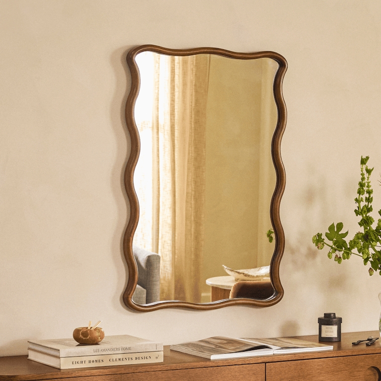 Wavy Wall Mirror Scalloped Edges Wood Frame Organic Shape Decor
