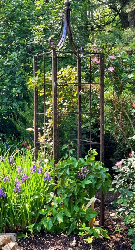 Weathered Bronze Garden Obelisk Scrolling Accents Grid Lattice