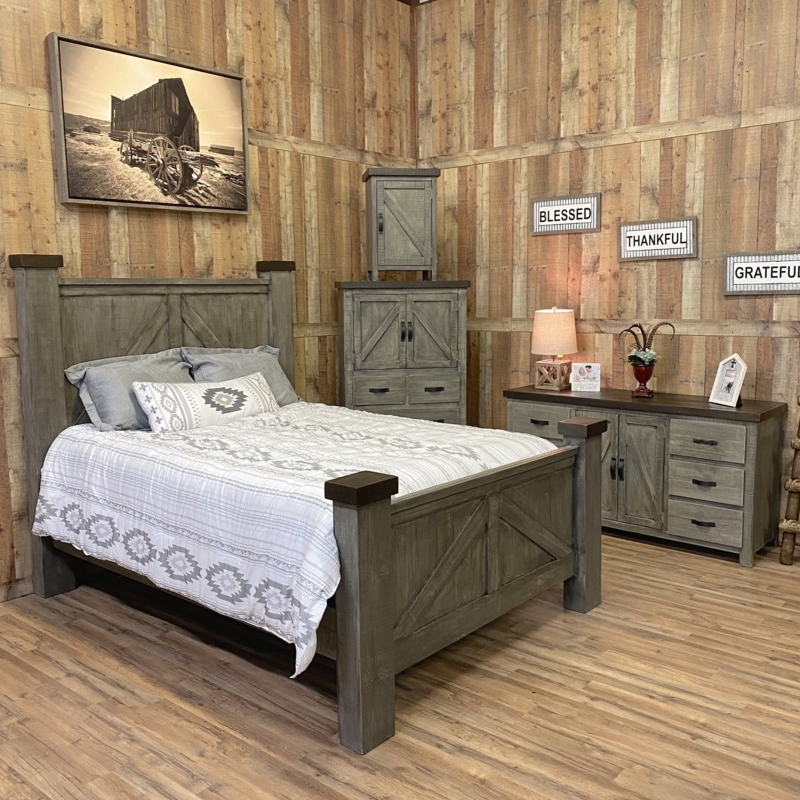 Weathered Farmhouse Bed Set: Grey Wash Finish with Barn Door X-Bracing
