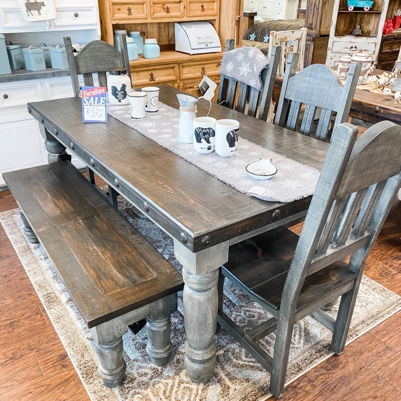 Weathered Farmhouse Dining Set Metal Rivets Two-Tone Finish Bench
