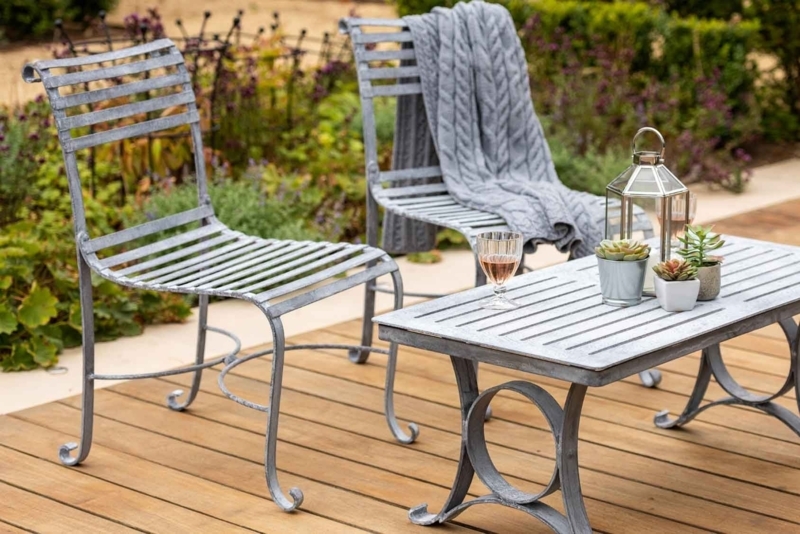Weathered Grey Metal Garden Side Chairs, Slatted Design, Scrolled Feet
