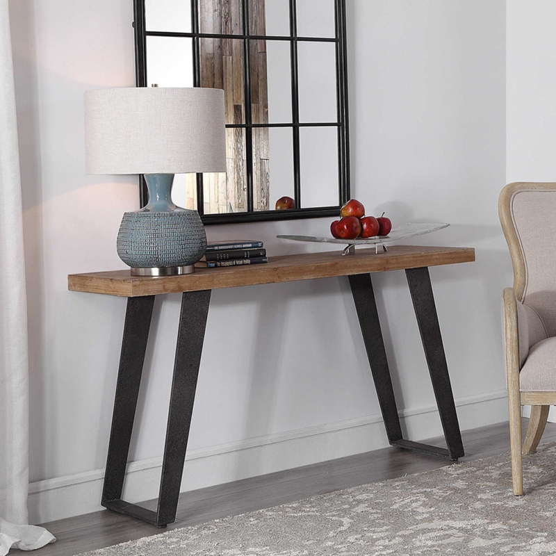 Weathered Oak Console Table featuring Angled Iron Legs