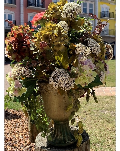 Weathered Stone Floral Display in Ornate Pedestal Urn with Hydrangeas