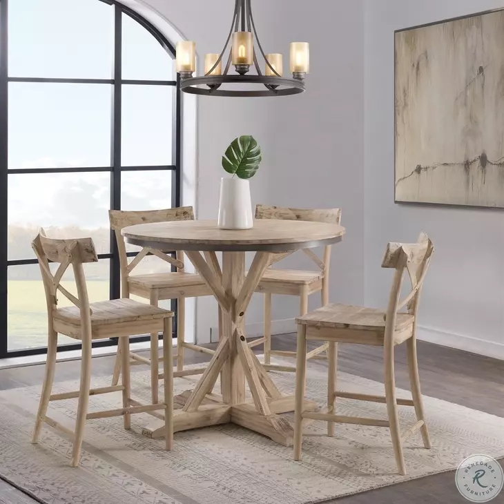 Weathered Wood Counter Set Round Pedestal Metal Rim Detail