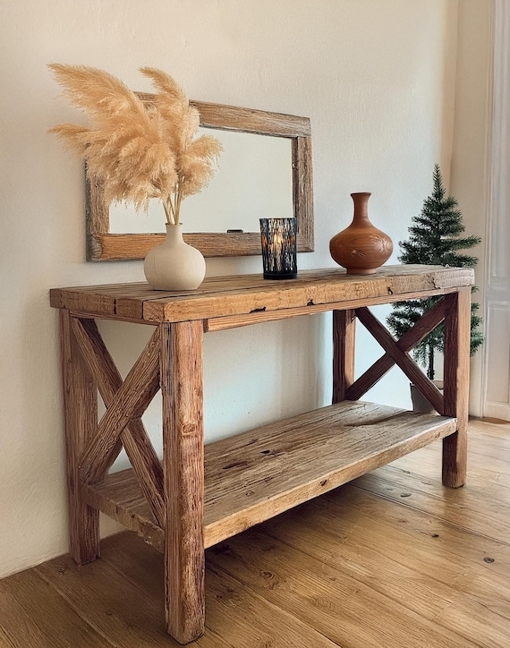 Weathered Wood Hallway Table with Reclaimed Look and X-Frame Sides