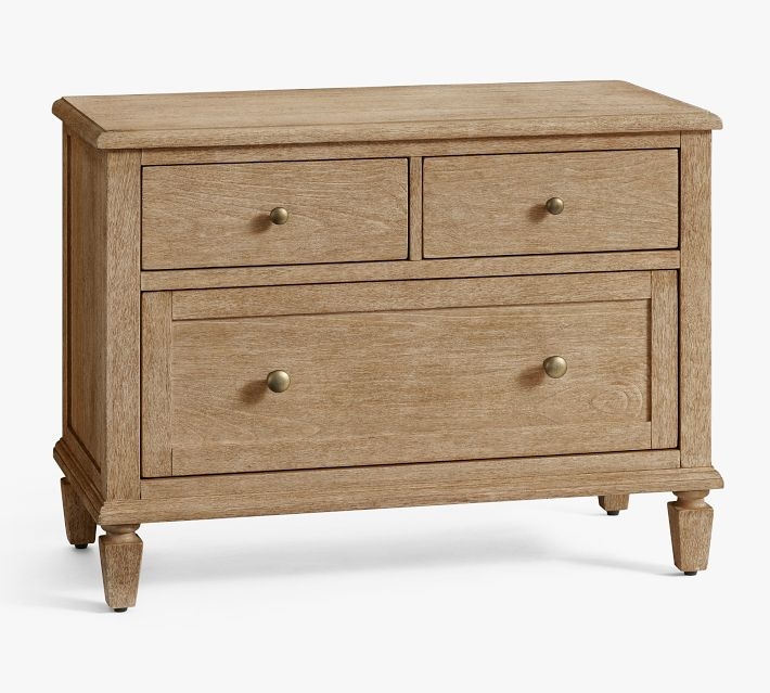 Weathered Wood Nightstand: Wide 3-Drawer Turned Leg Bedside Table