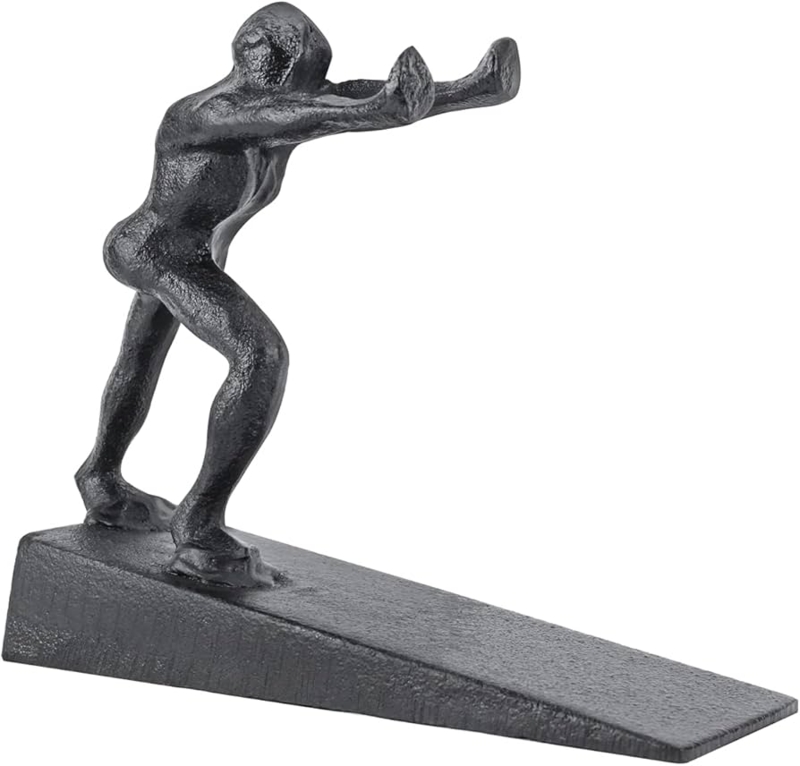 Wedge Door Stop Matte Black Cast Iron Strong Man Pose Whimsical