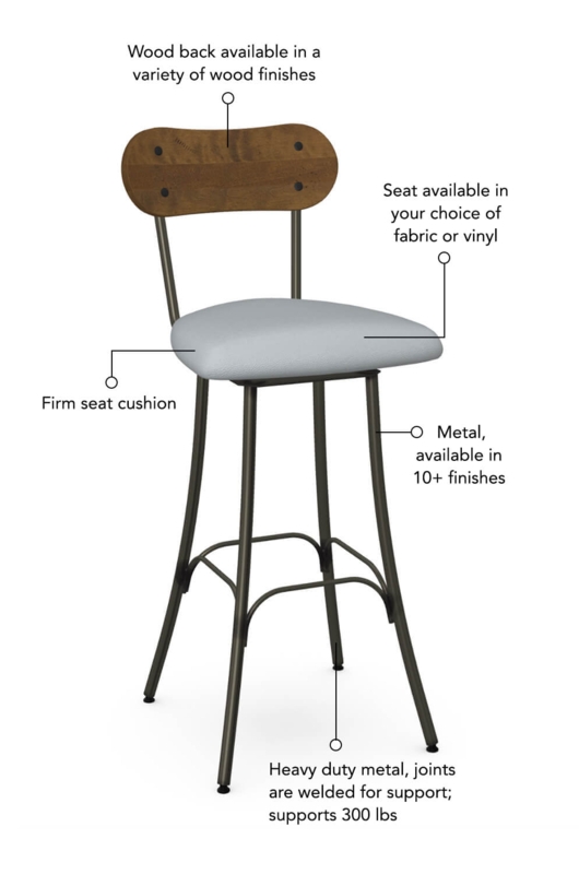 Welded Metal Frame Stool, Curved Wood Back & Firm Seat Cushion.