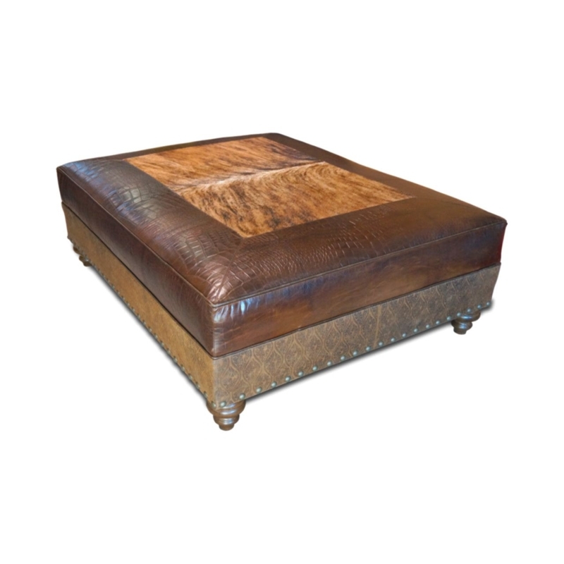 Western Giant Ottoman Brindle Hair On Hide Crocodile Embossed Border