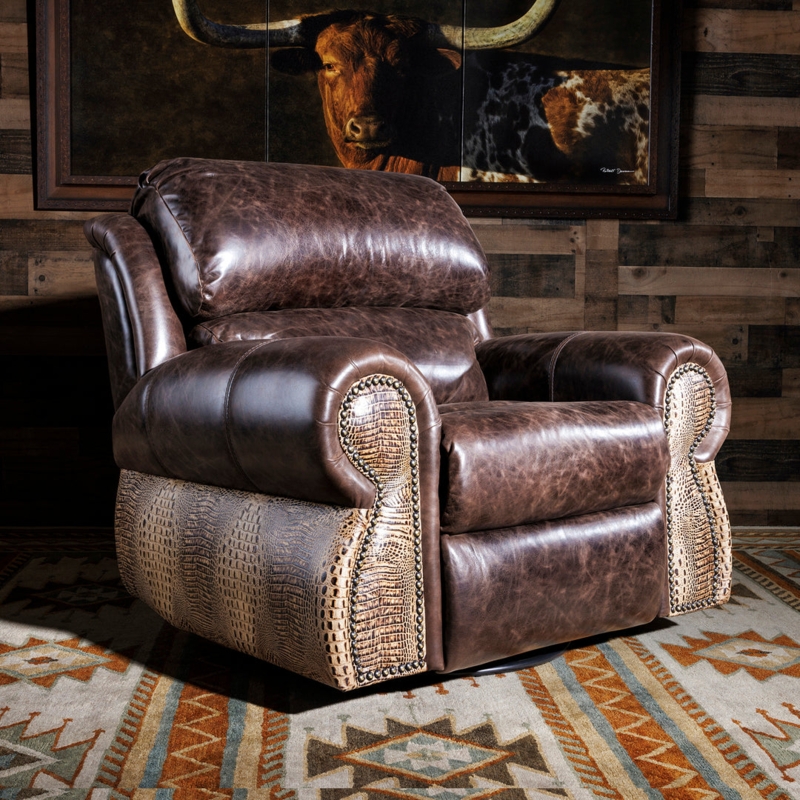 Western Leather Recliner with Hornback Texture and Swivel Base