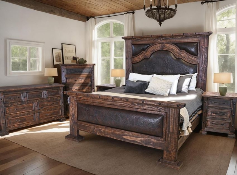 Western Rustic Bedroom Set: Tooled Leather Accents & Nailhead Trim