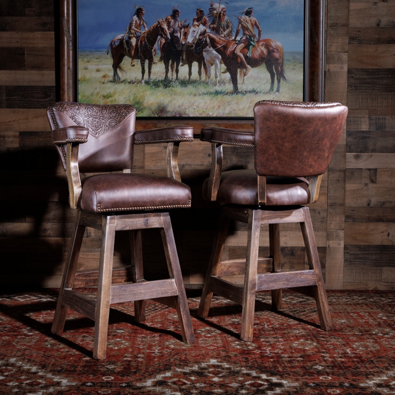 Western Swivel Bar Stool with Tooled Leather Accents and Nailhead