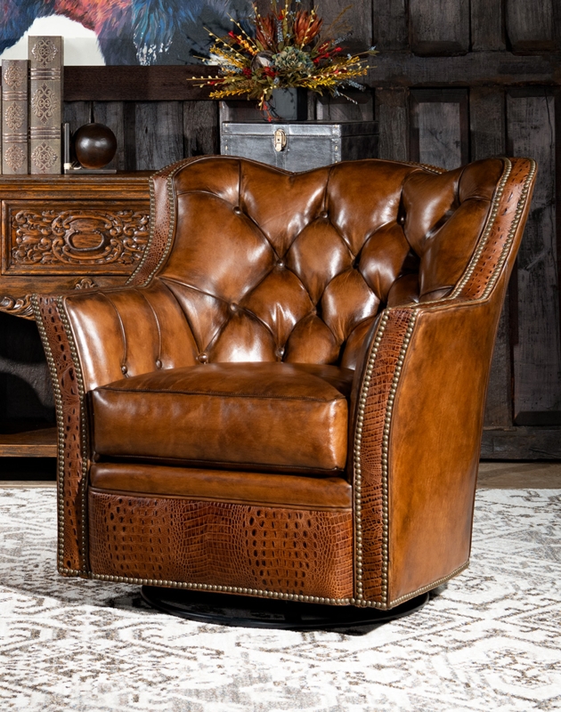 Western Swivel Rocker Chair Cognac Leather Crocodile Embossed