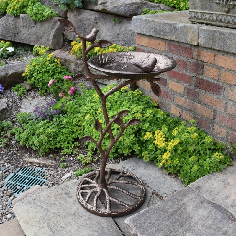 Whimsical Branch Bird Bath Pedestal with Floral Engraved Basin