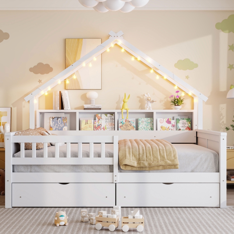 Whimsical House Bed with Integrated Bookshelf and LED String Lights