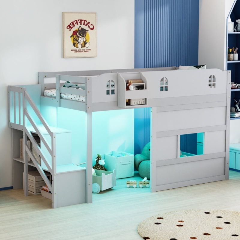Whimsical Low Loft Bed with Castle Guardrail and LED Lighting, Grey