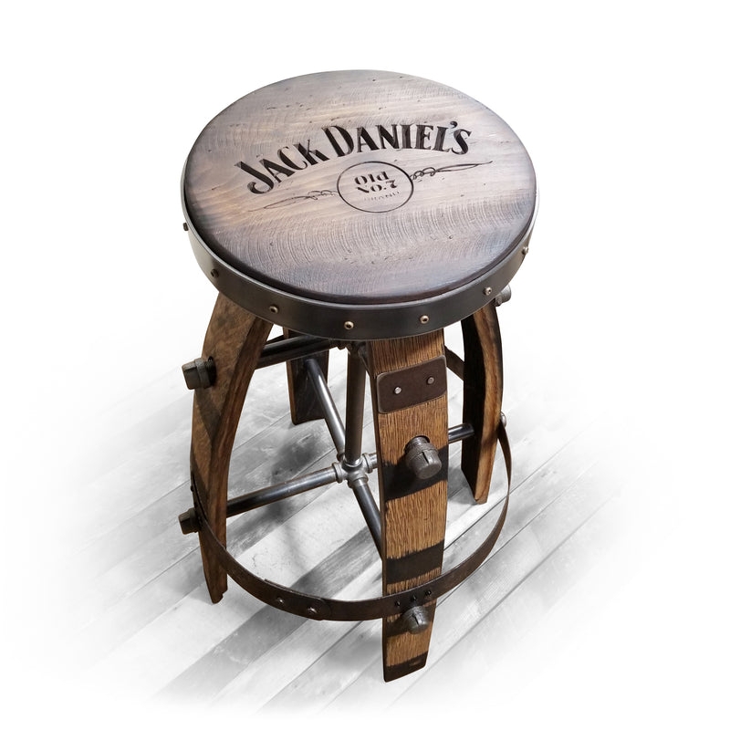Whiskey Barrel Bar Stool, Branded Wood Seat, Industrial Piping