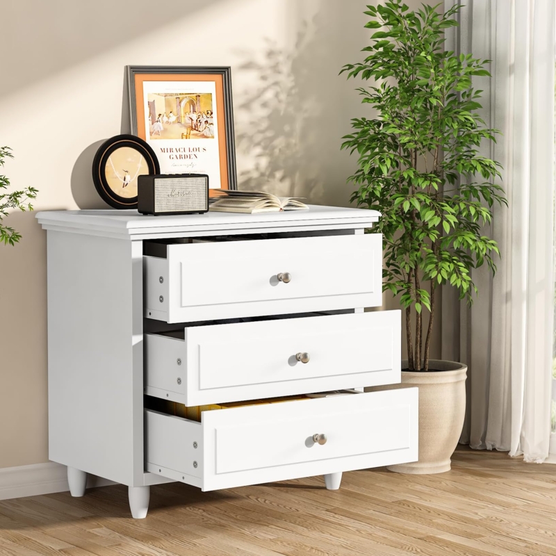 White 3-Drawer Nightstand: Recessed Panels and Tapered Leg End Table