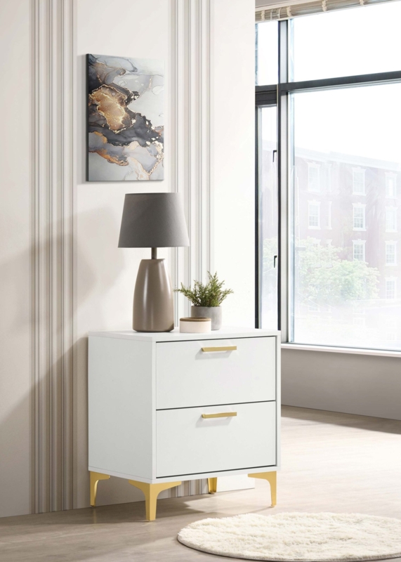 White And Gold Nightstand Matte Finish Slim Bar Pulls Tapered Legs