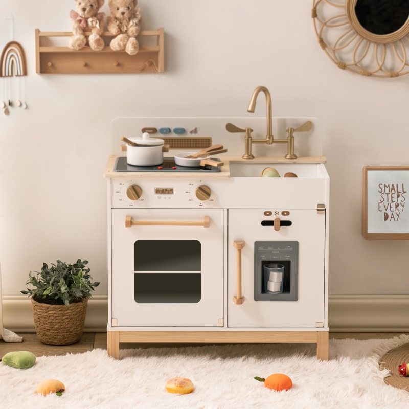 White and Gold Toy Kitchen Ice Maker Feature Montessori Wooden Set