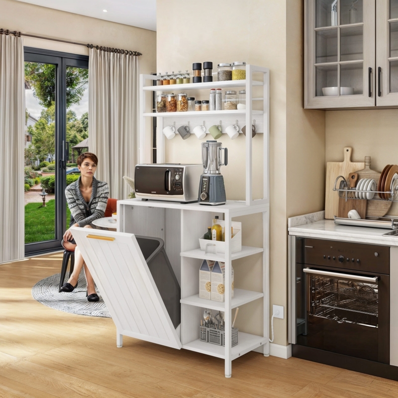 White Bakers Rack with Tilt-Out Trash Bin & Slatted Front