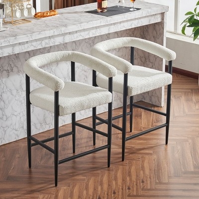 White Boucle Bar Stools Black Metal Frame Integrated Armrests Minimalist.