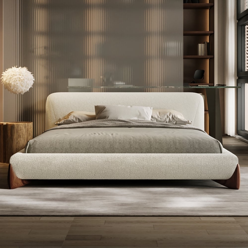 White Boucle King Bed Curved Headboard Sculptural Legs