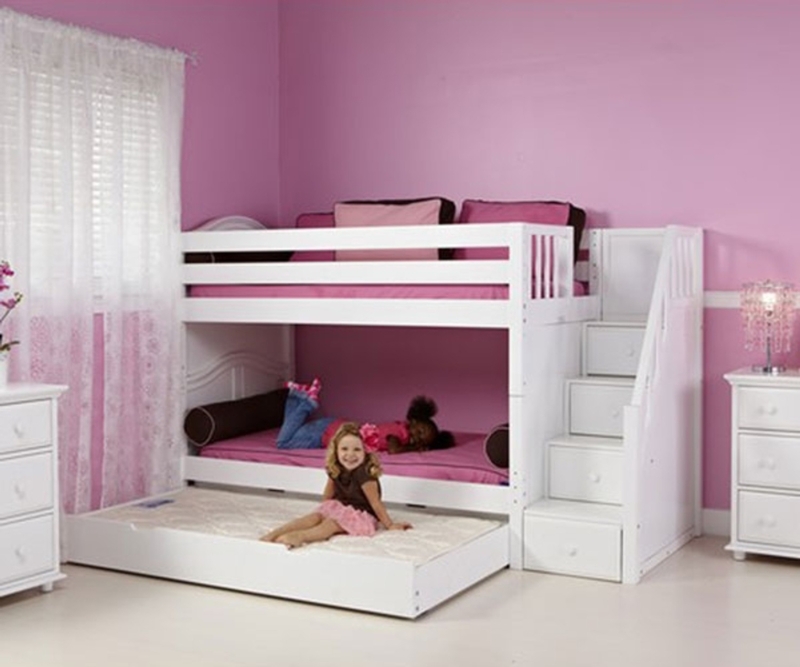 White Bunk Bed with Stairs and Trundle Low Profile Storage