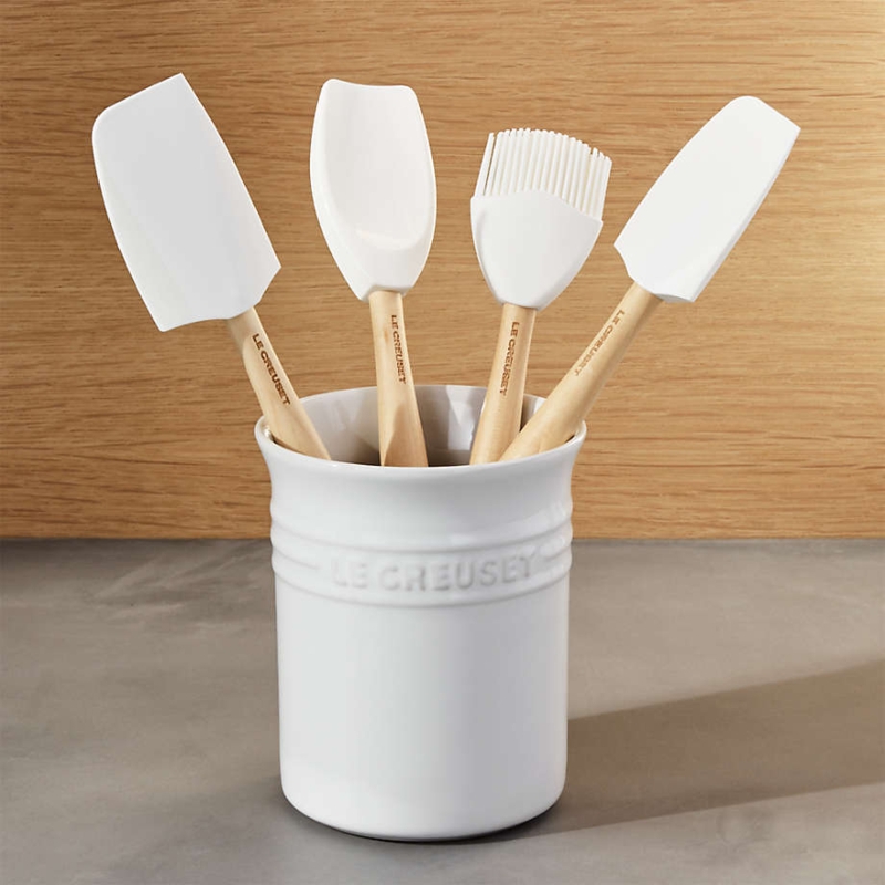 White Ceramic Utensil Crock Set with Wood Handle Tools