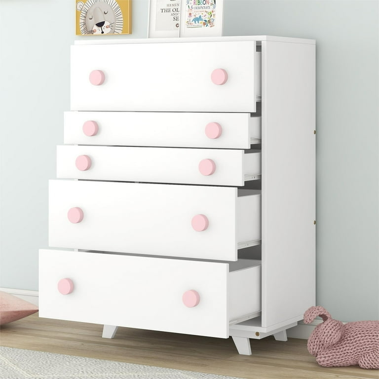 White Chest With Graduated Drawers Pink Knobs Scandi Style