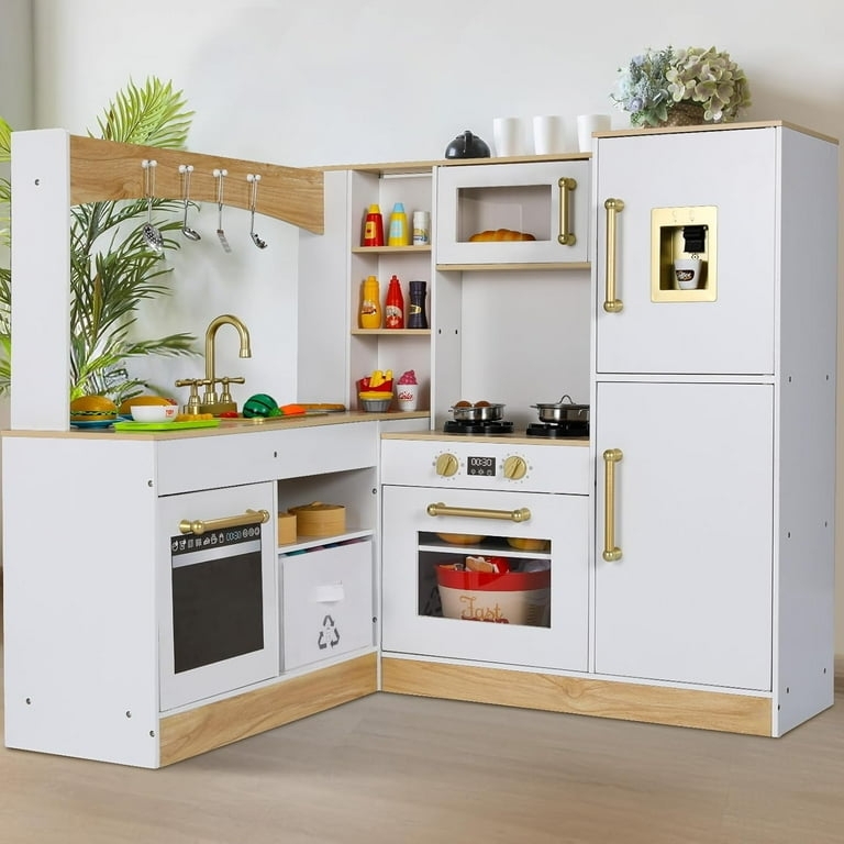 White Corner Play Kitchen Gold Hardware L-Shaped Recycling Drawer