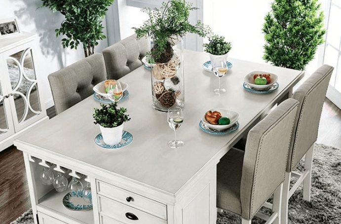 White Counter Height Dining Set with Tufted Nailhead Chairs