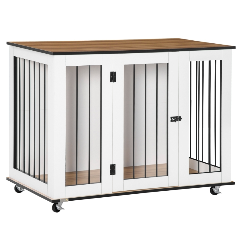 White Dog Crate Furniture with Wood Grain Top and Lockable Casters